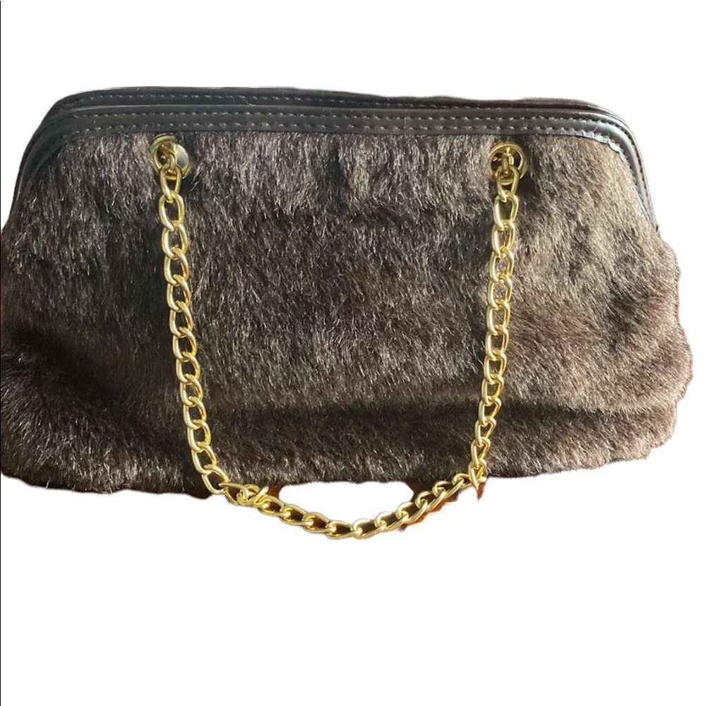 Victoria’s Secret Faux Brown Fur and Gold Satchel Purse